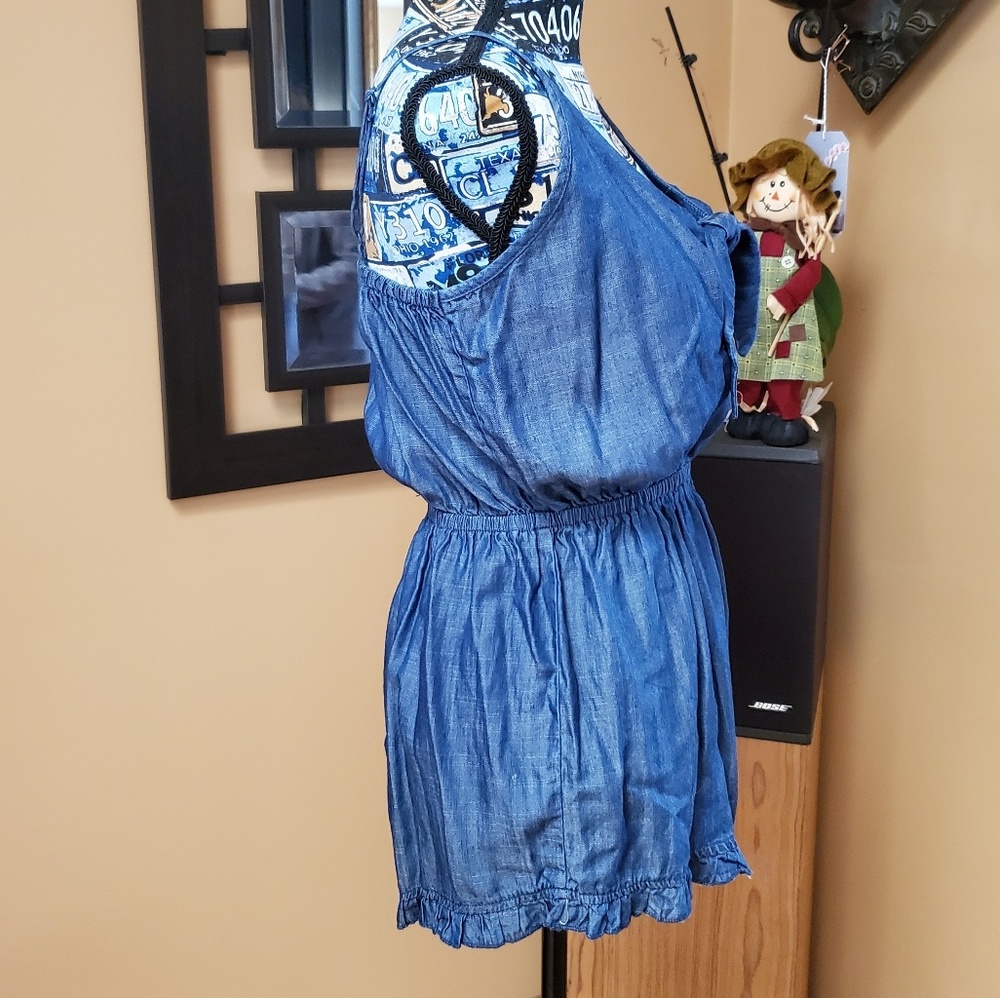DENIM TANK TOP RUFFLE EDGE SHORTS ROMPER - Picture 2 of 8